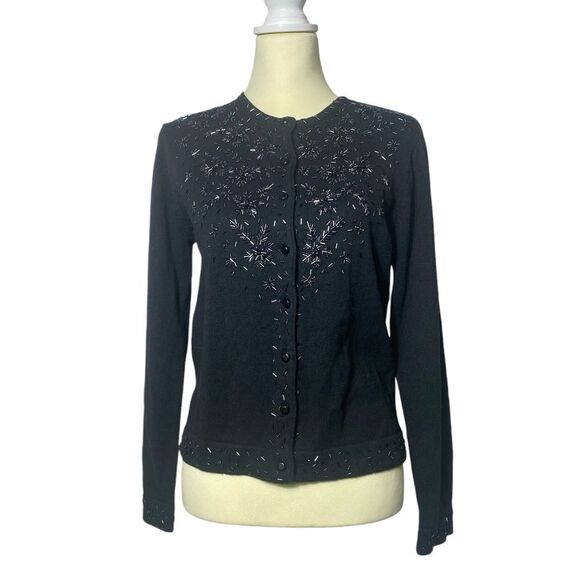 Vintage Kathie Lee Collection Black Beaded Knit Button Front Cardigan Size Small - Picture 1 of 16